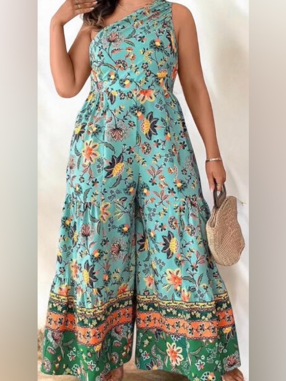 Bohemian Floral Print One Shoulder Ruffle Hem Wide Leg Jumpsuit